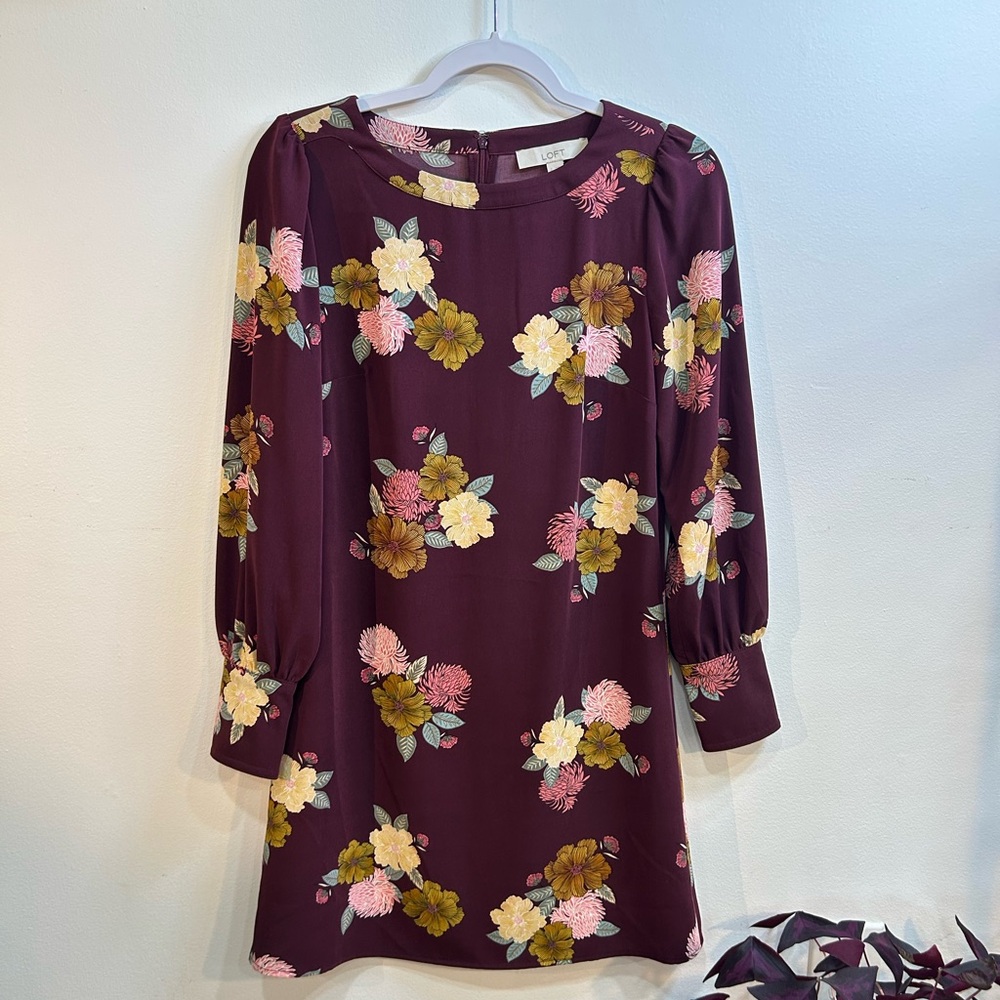 LOFT Burgundy Floral Long Sleeve Dress